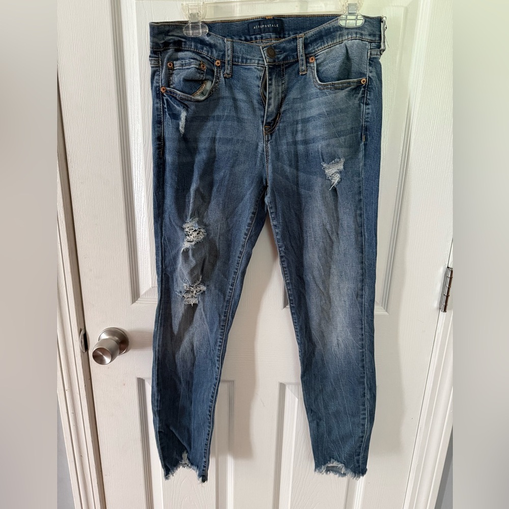 Aeropostale Women's Ripped Skinny Jeans - Dark Blue